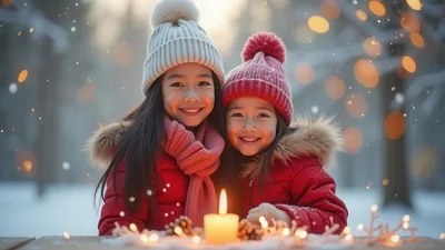 Two Young Sisters Smiling Outdoors in Winter