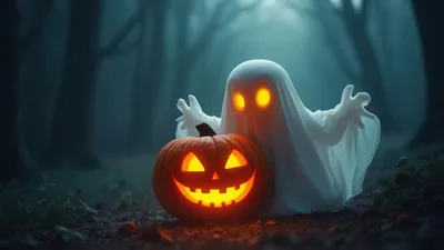 Glowing Ghost And Jack O Lantern In Dark Forest