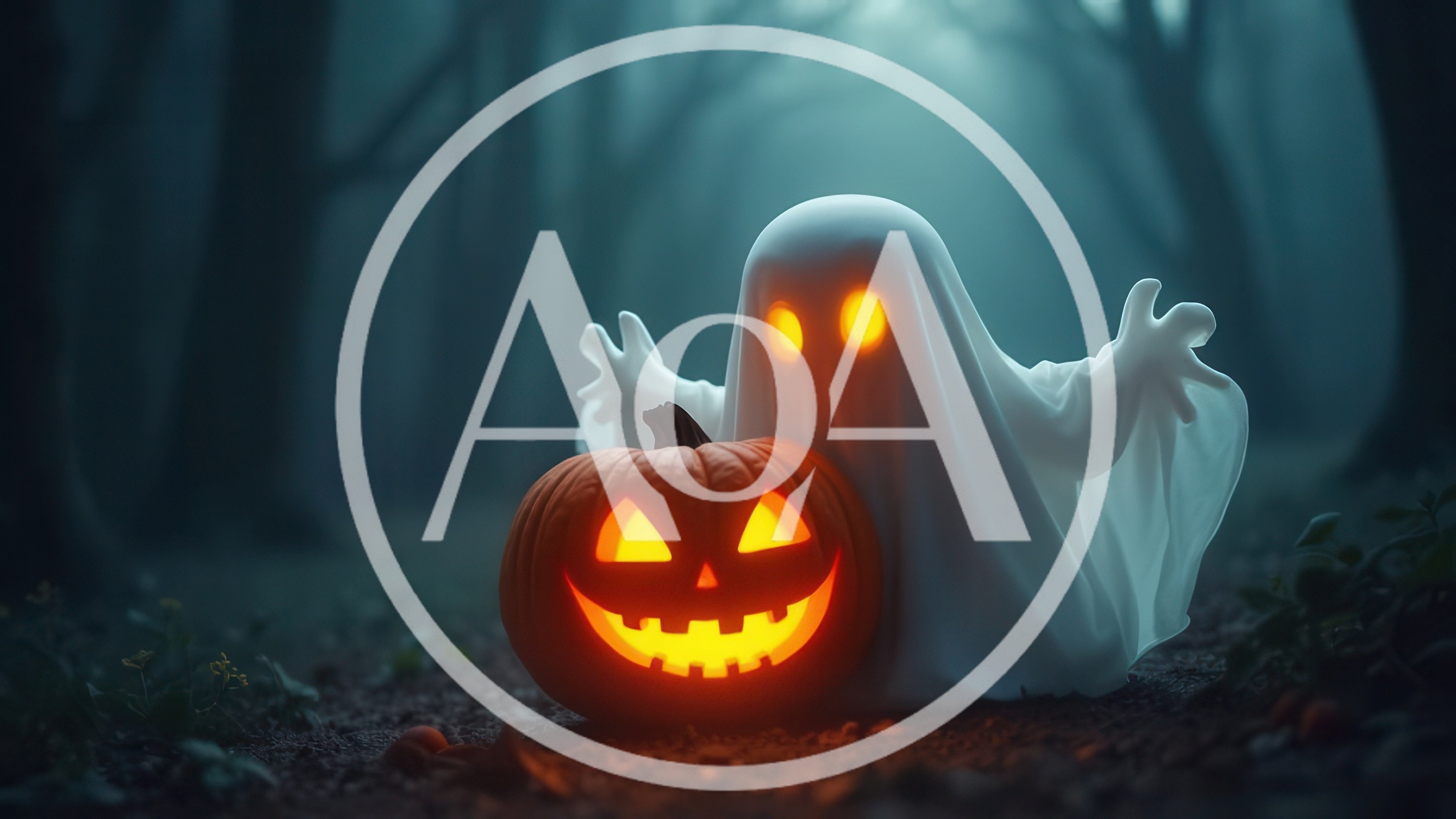 Glowing Ghost And Jack O Lantern In Dark Forest