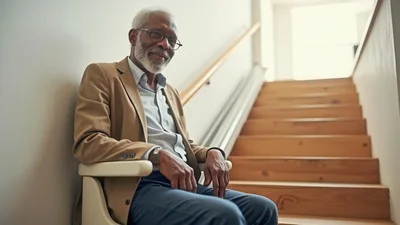 Senior Man Sitting On A Stair Lift