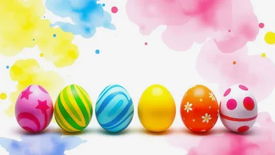 Six Colorful Decorated Easter Eggs In A Row