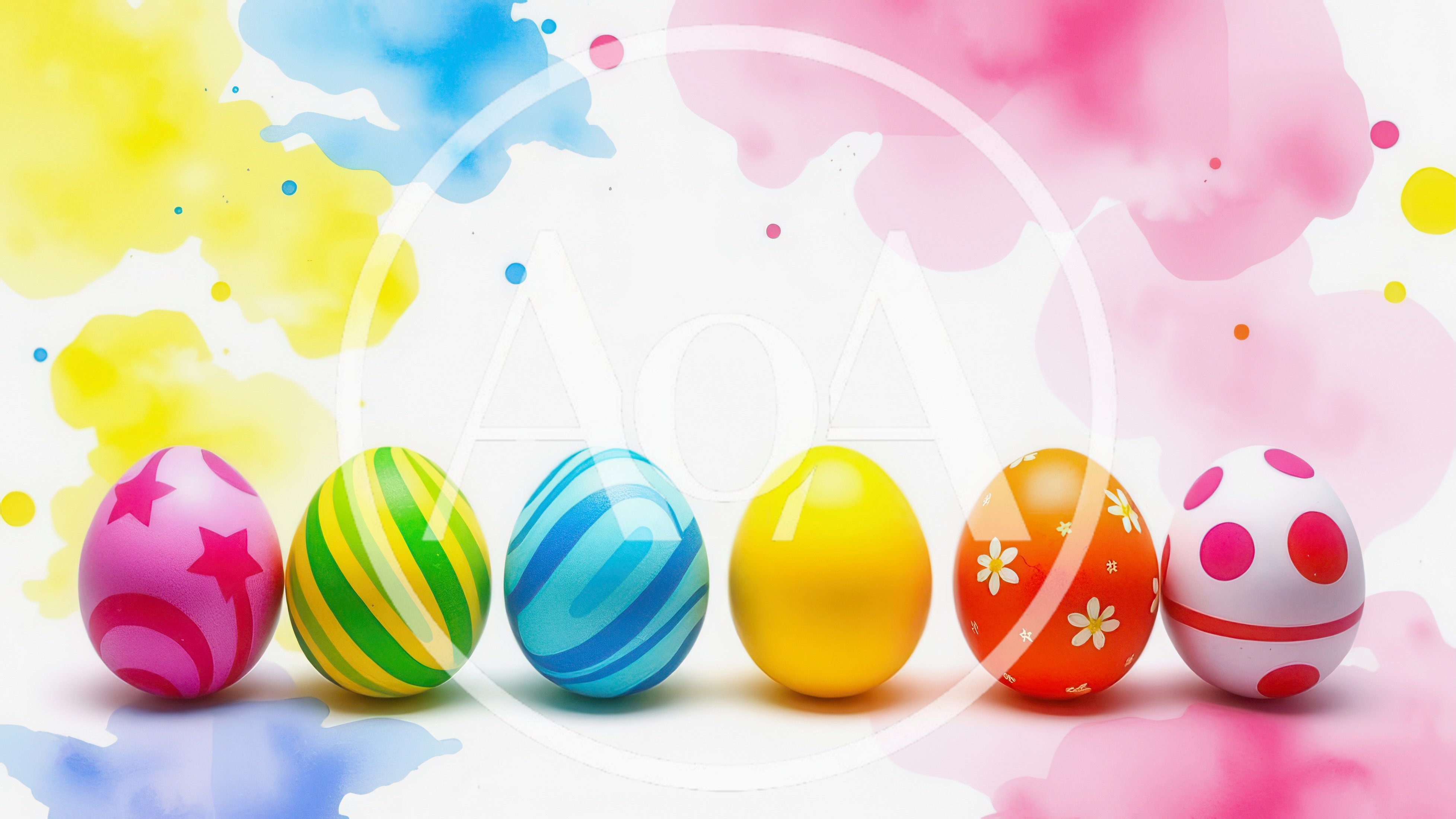 Six Colorful Decorated Easter Eggs In A Row