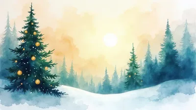Watercolor Christmas Tree in Snowy Winter Forest Landscape
