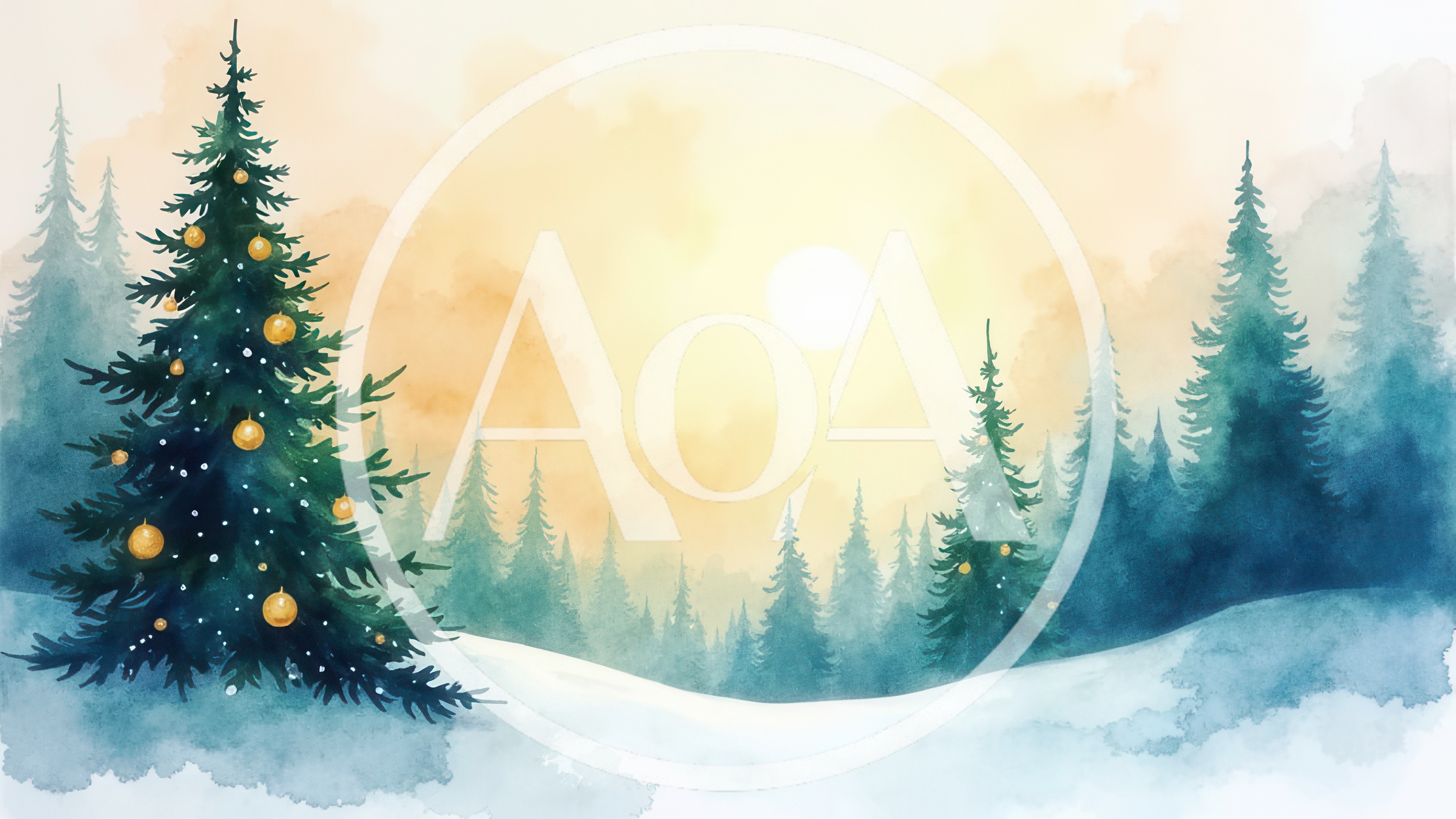 Watercolor Christmas Tree in Snowy Winter Forest Landscape