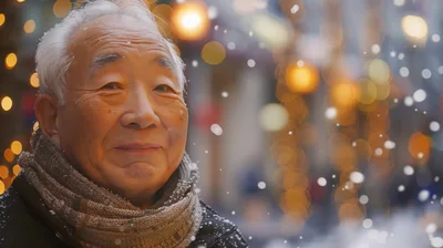 Portrait of an Elderly Asian Man in Winter