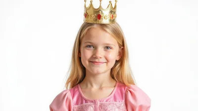 Young Girl Wearing A Princess Crown And Pink Dress