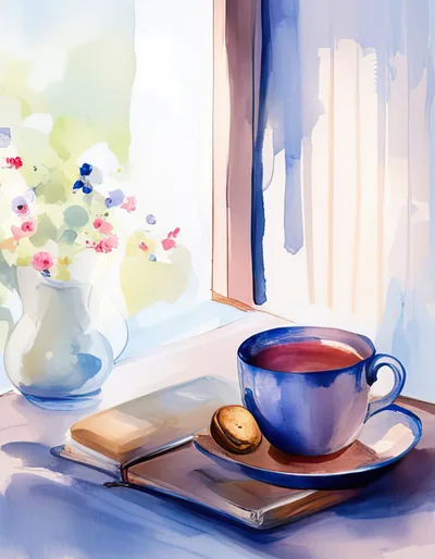 Watercolor Illustration Of A Tea Cup And Book