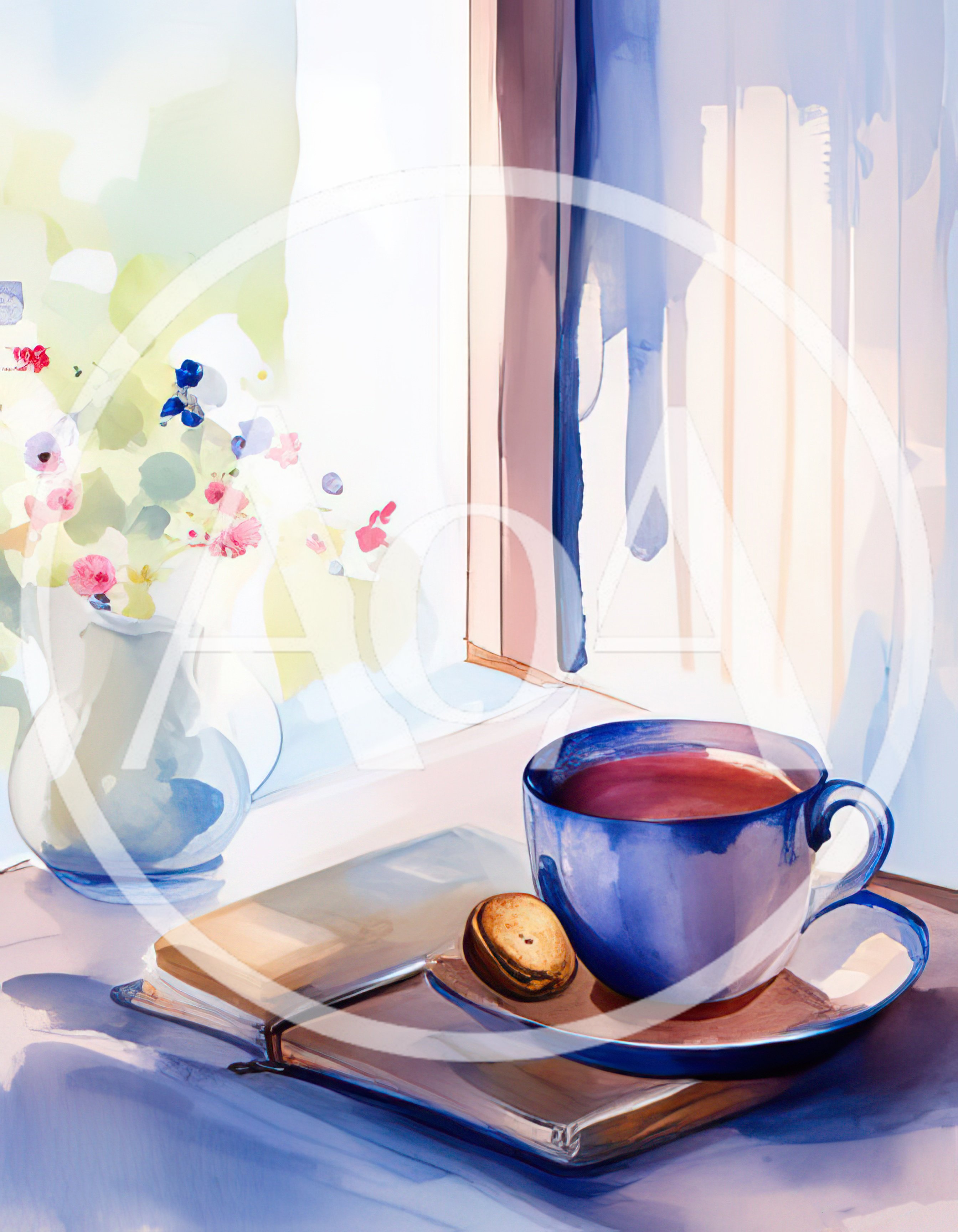 Watercolor Illustration Of A Tea Cup And Book