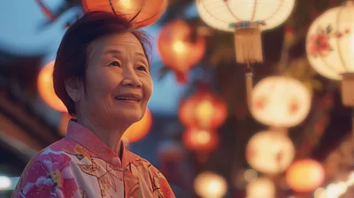 Elderly Asian Woman Smiling Amidst Traditional Lanterns