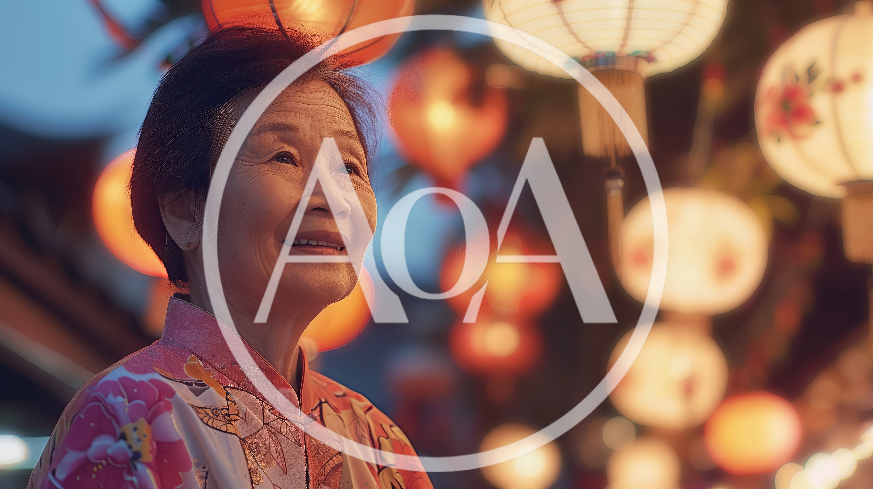 Elderly Asian Woman Smiling Amidst Traditional Lanterns