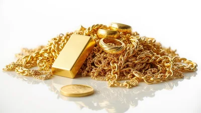 Gold Bar And Jewelry Pile On White Background