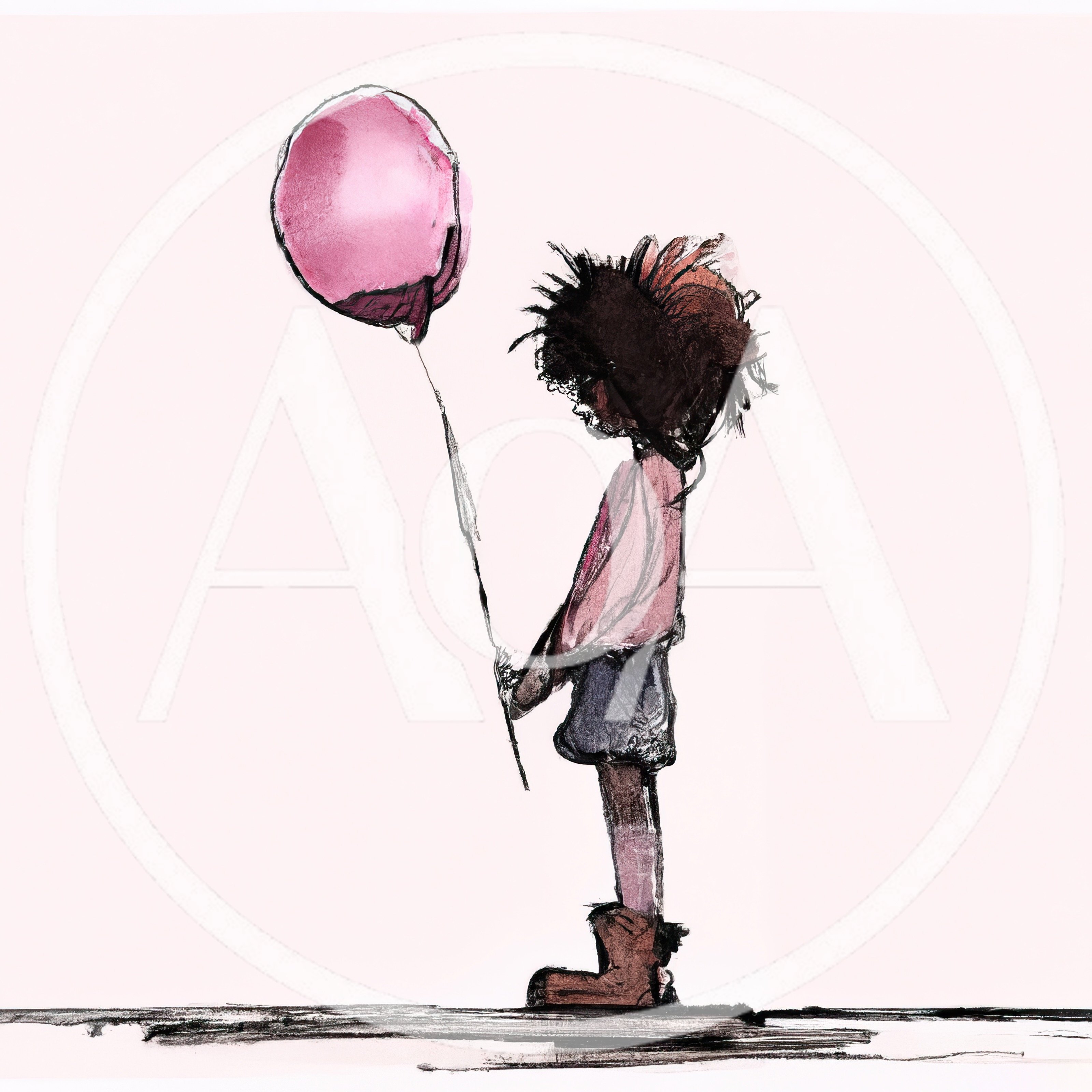 Sketch Of A Child Holding A Pink Balloon