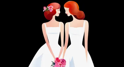 Two Brides Holding A Bouquet In Minimalist Illustration
