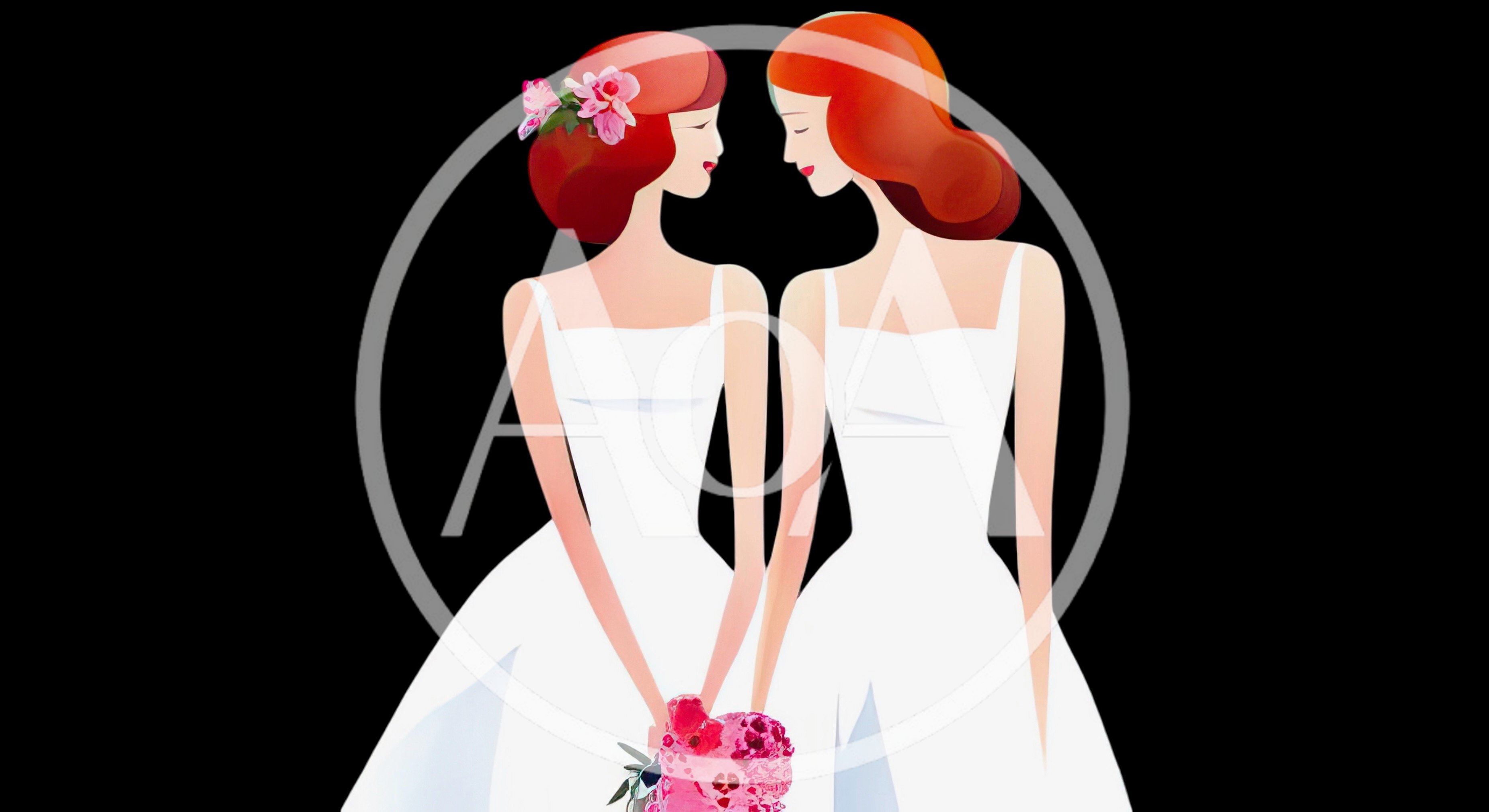Two Brides Holding A Bouquet In Minimalist Illustration