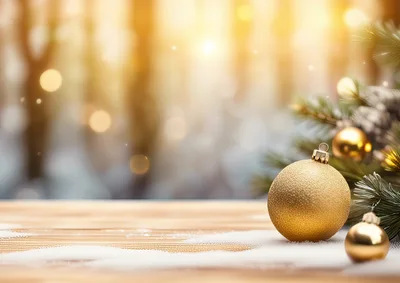 Golden Christmas Ornaments on Snowy Wooden Table