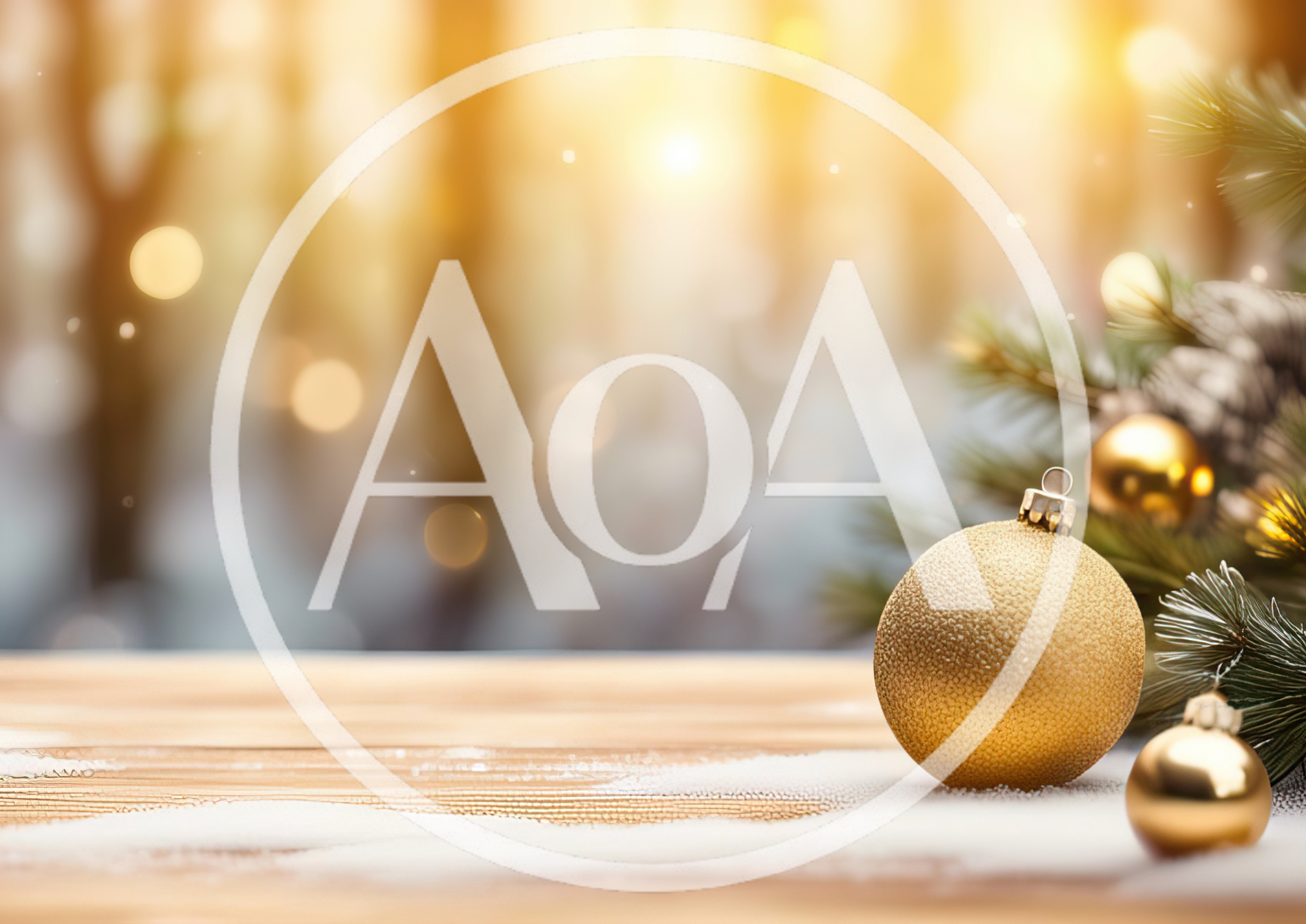 Golden Christmas Ornaments on Snowy Wooden Table