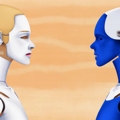 Two Futuristic Androids Facing Each Other