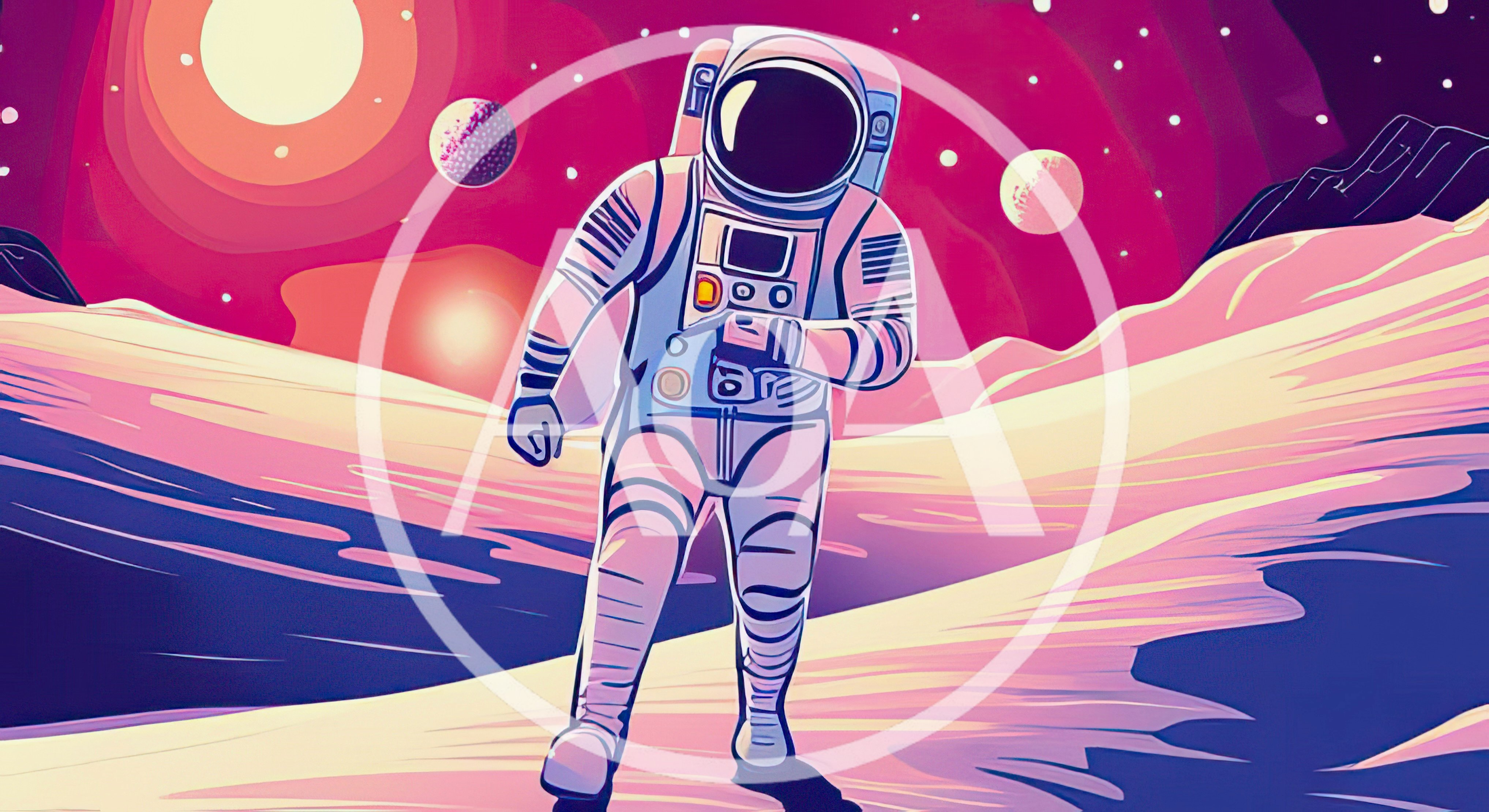 Astronaut Walking Across A Surreal Alien Planet Surface