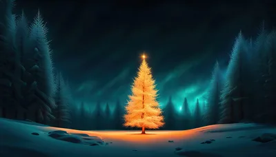 Glowing Golden Christmas Tree In Snowy Winter Forest