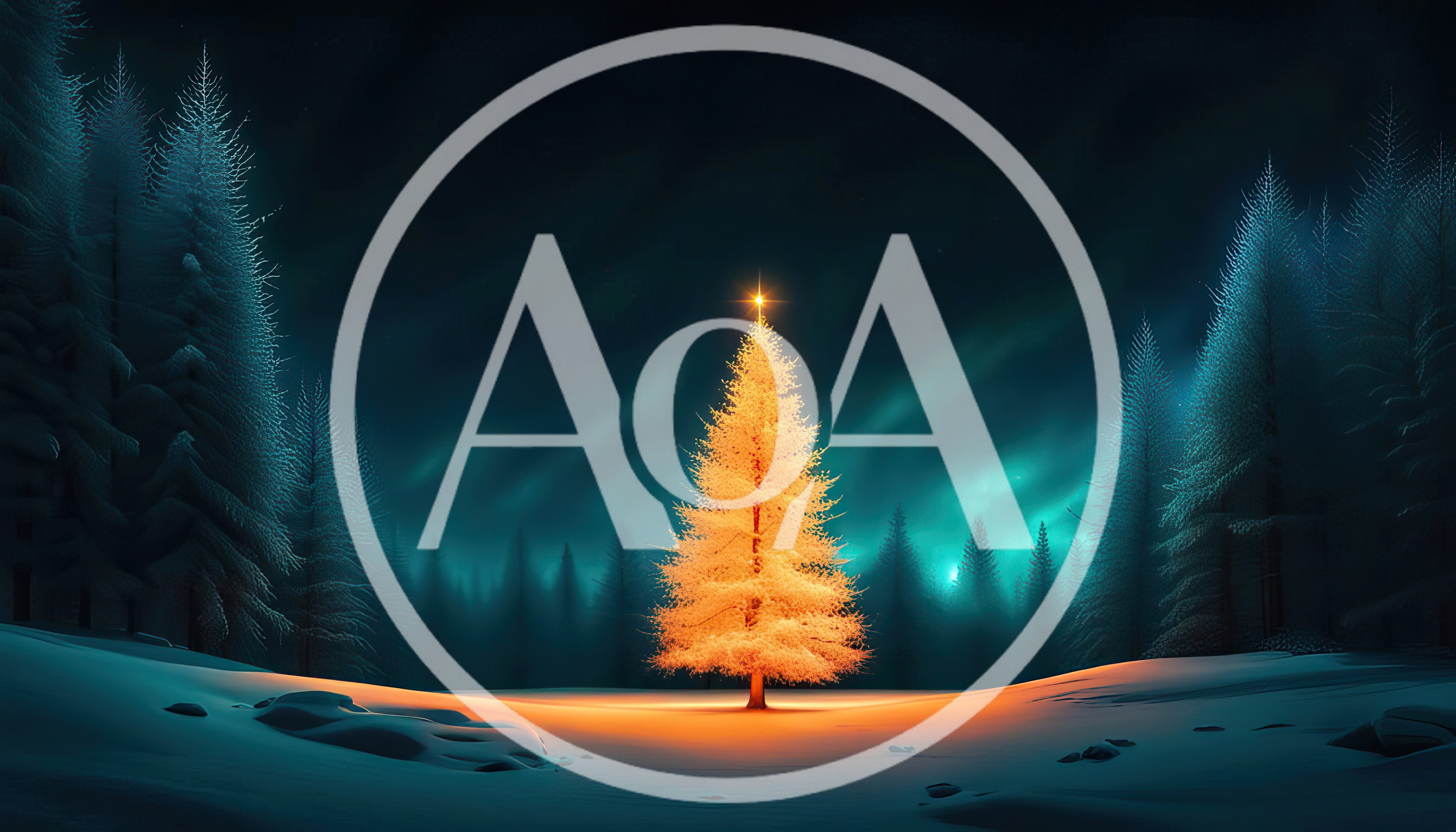 Glowing Golden Christmas Tree In Snowy Winter Forest