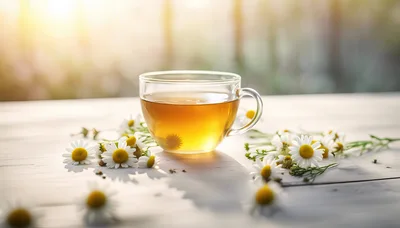 Glass Cup Of Chamomile Tea With Fresh Flowers
