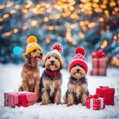 Three Adorable Dogs Wearing Winter Hats With Christmas Gifts