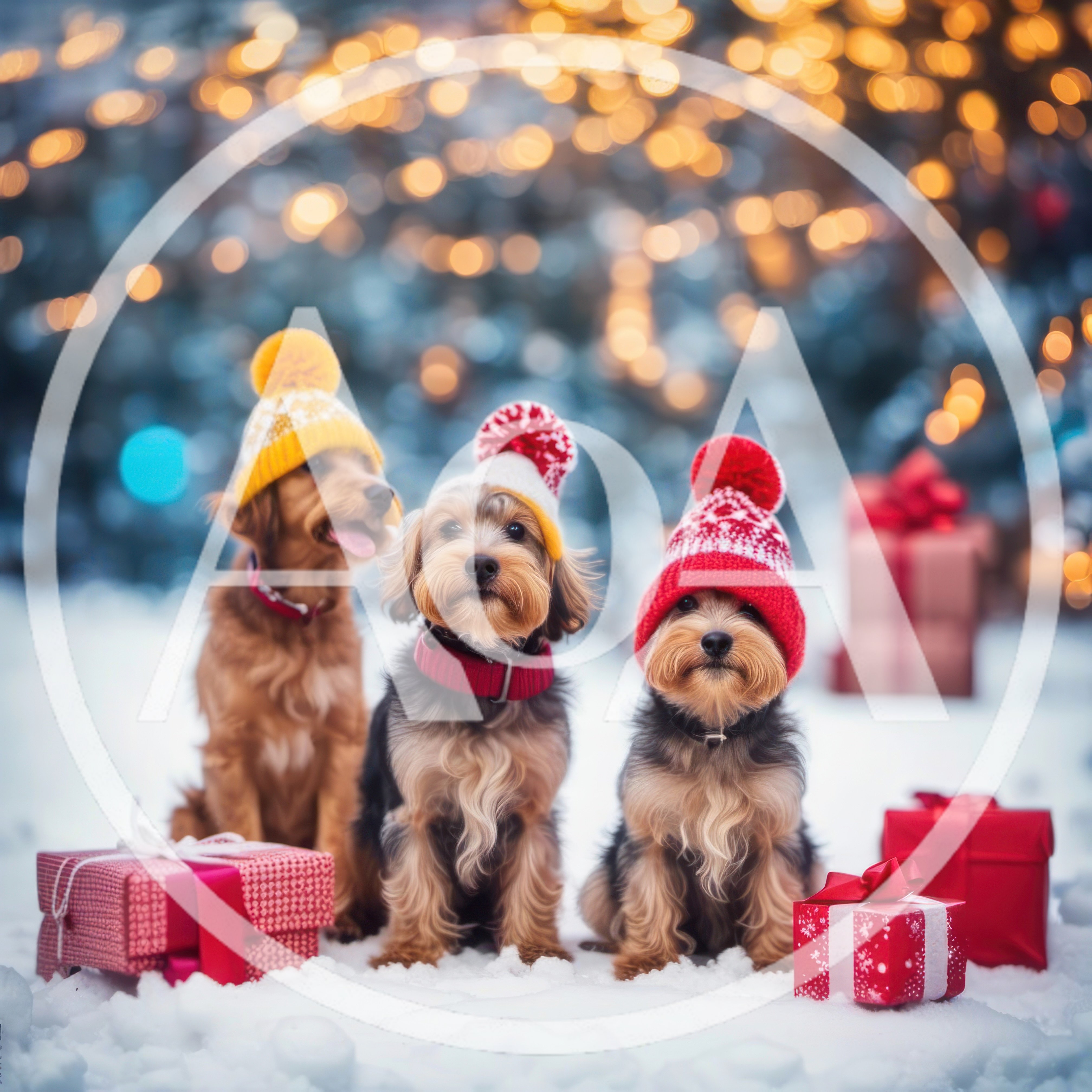 Three Adorable Dogs Wearing Winter Hats With Christmas Gifts