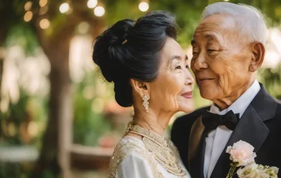 Elderly Asian Couple Sharing A Romantic Moment