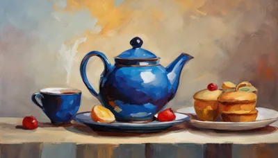 Still Life Painting Of Blue Teapot And Pastries