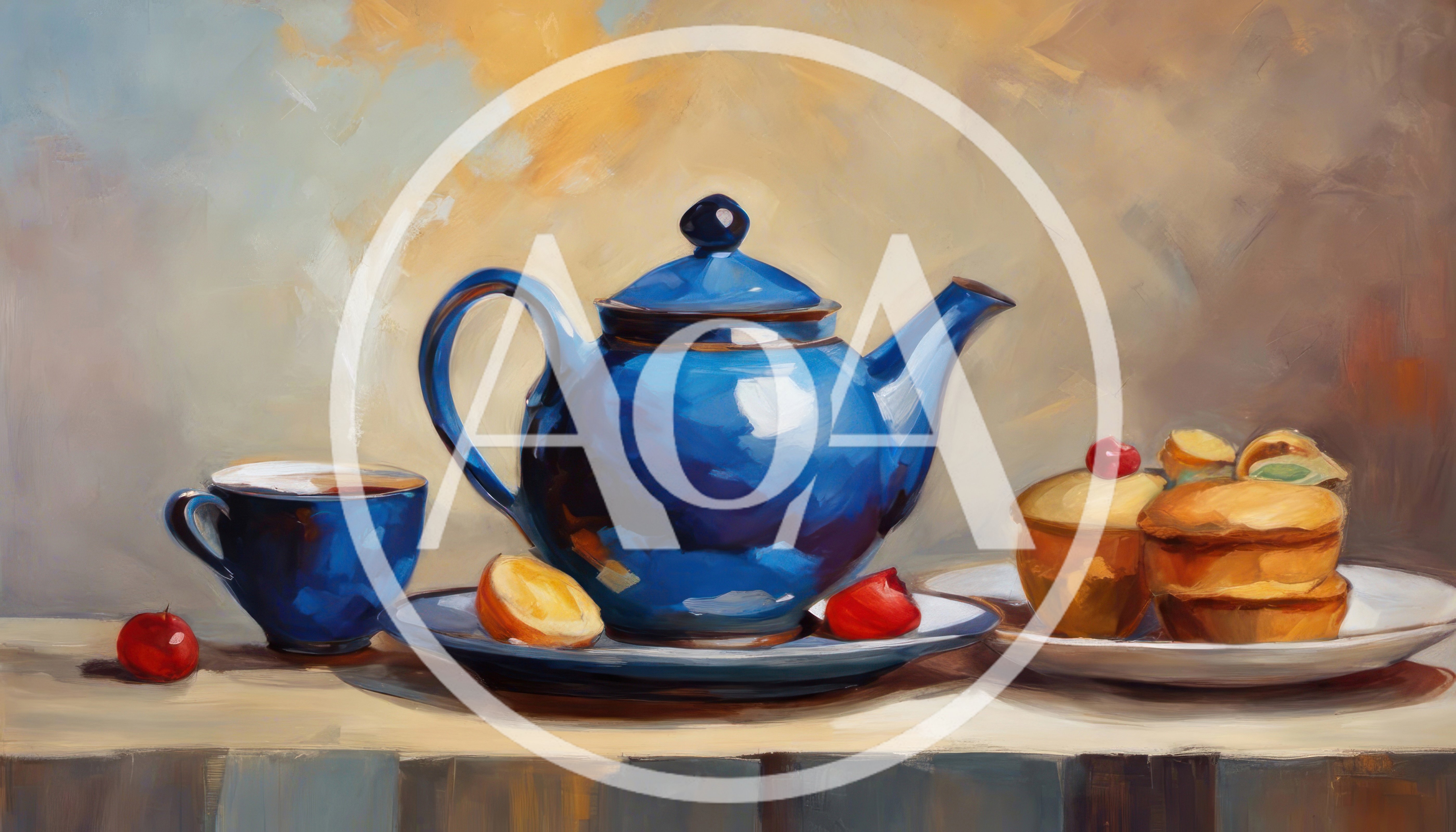 Still Life Painting Of Blue Teapot And Pastries