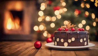 Chocolate Christmas Cake With Red Ornaments By Fireplace