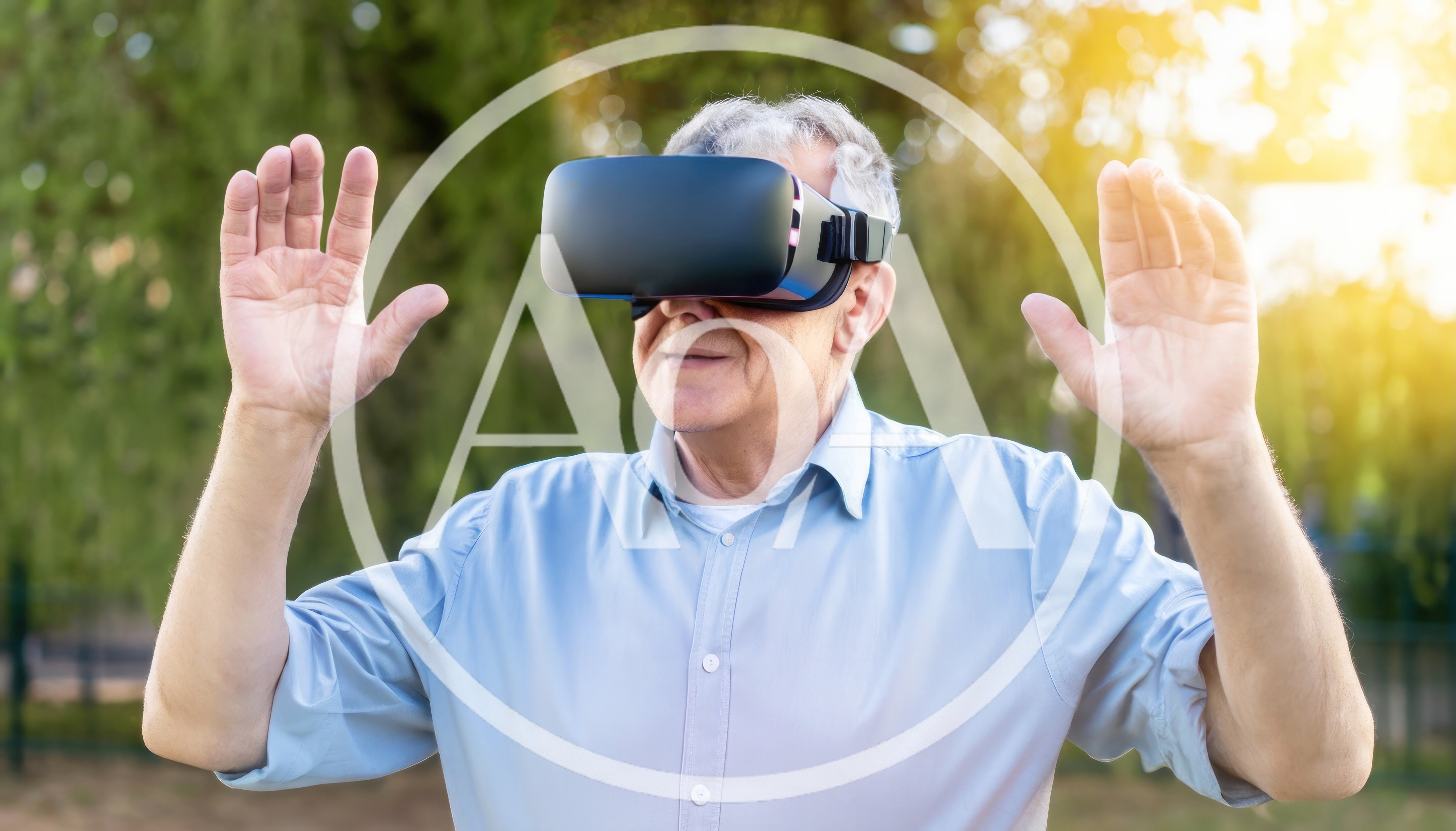 Senior Man Using Virtual Reality Headset Outdoors
