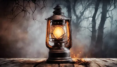 Vintage Oil Lantern Glowing On Wooden Table
