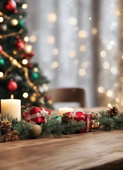 Christmas Table Setting With Candles And Gifts