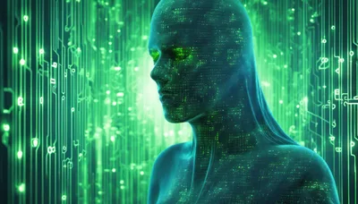 Digital Humanoid Silhouette With Glowing Circuitry Background