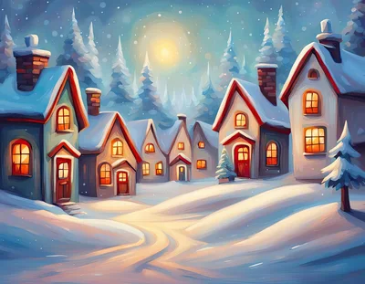 Cozy Winter Village Scene At Night
