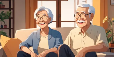 Happy Elderly Asian Couple Sitting Together On Sofa