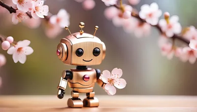 Cute Metallic Robot Holding A Cherry Blossom Flower