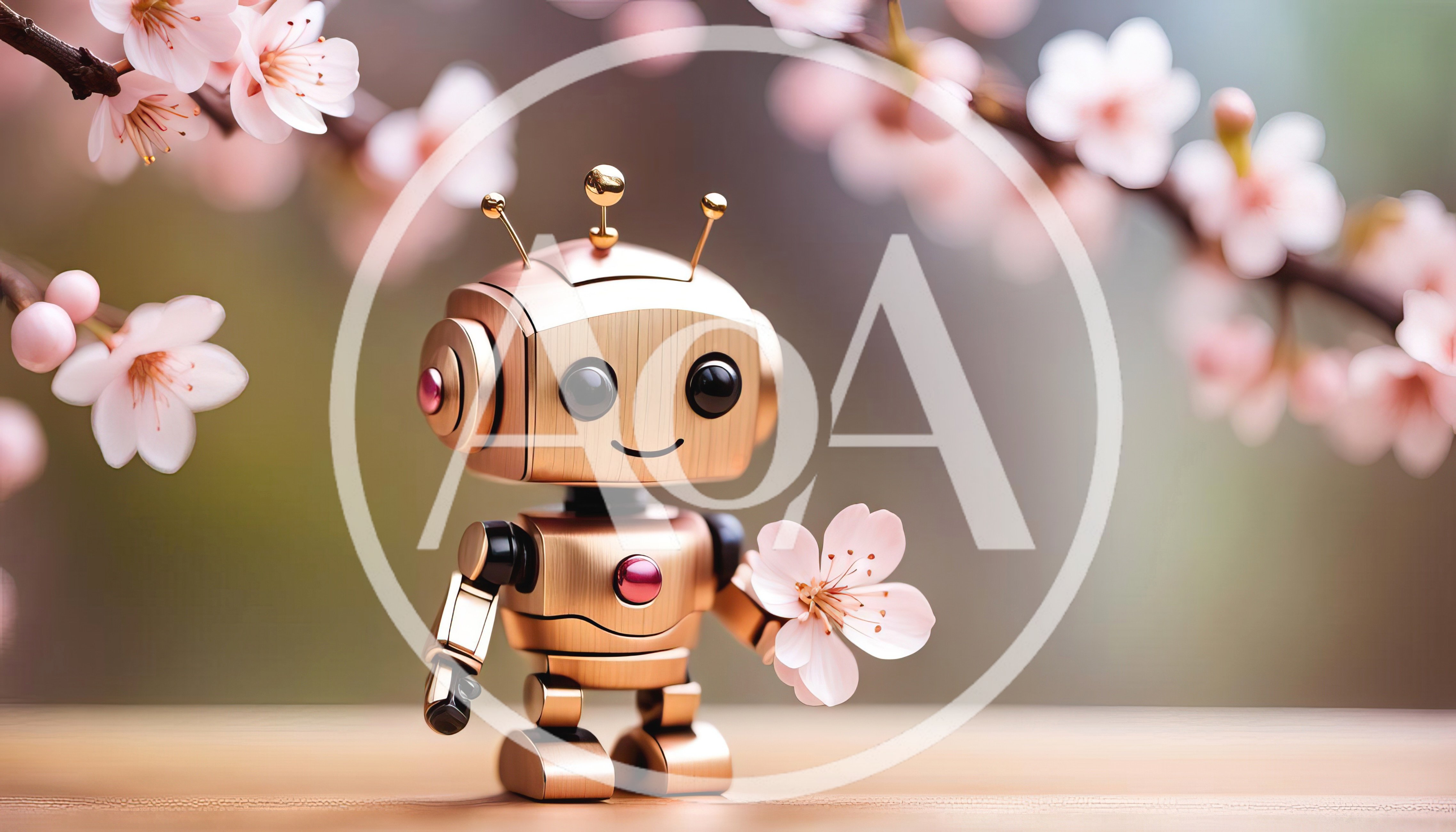 Cute Metallic Robot Holding A Cherry Blossom Flower