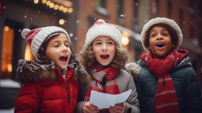 Three Diverse Children Singing Christmas Carols Outdoors