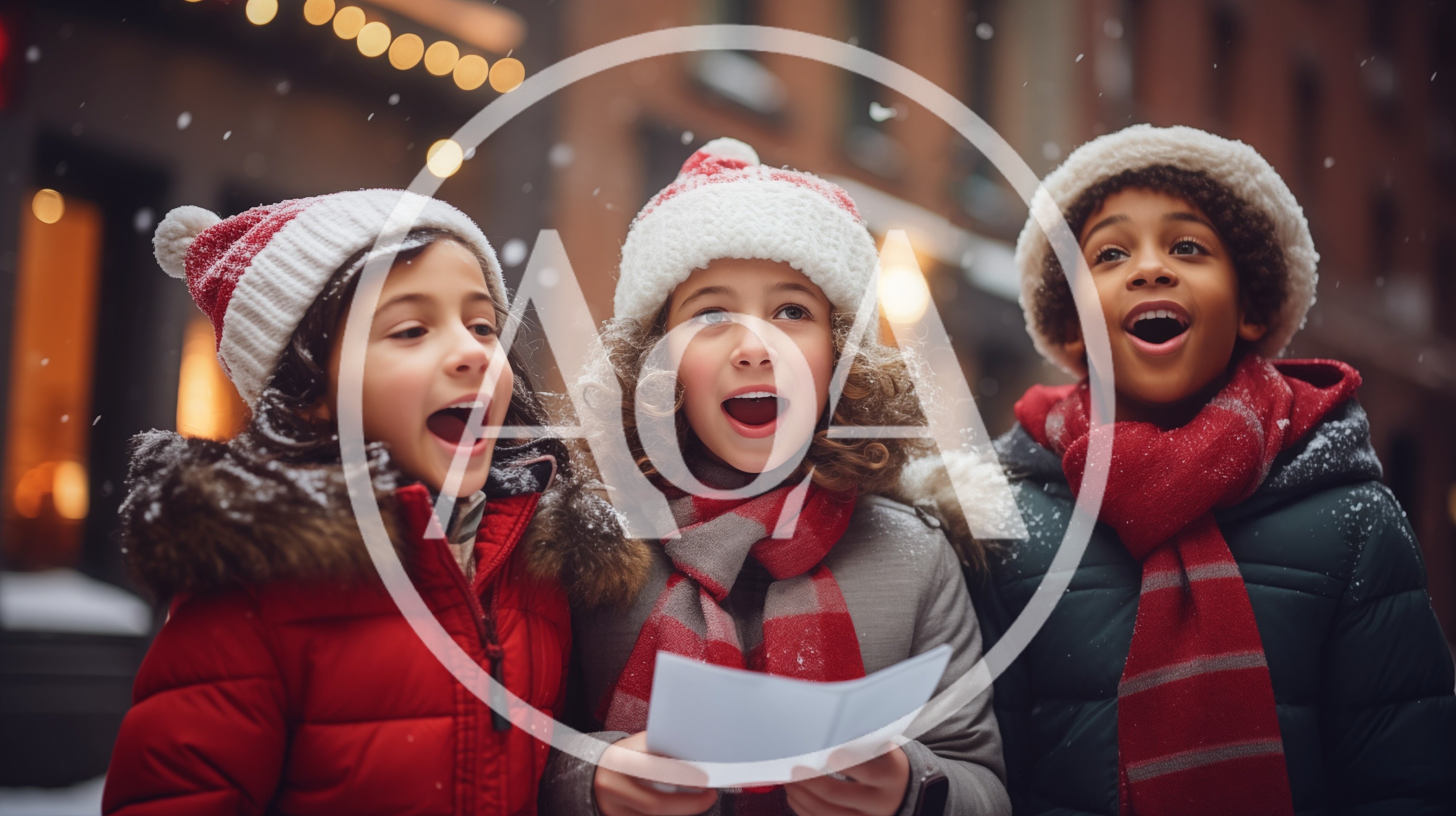 Three Diverse Children Singing Christmas Carols Outdoors