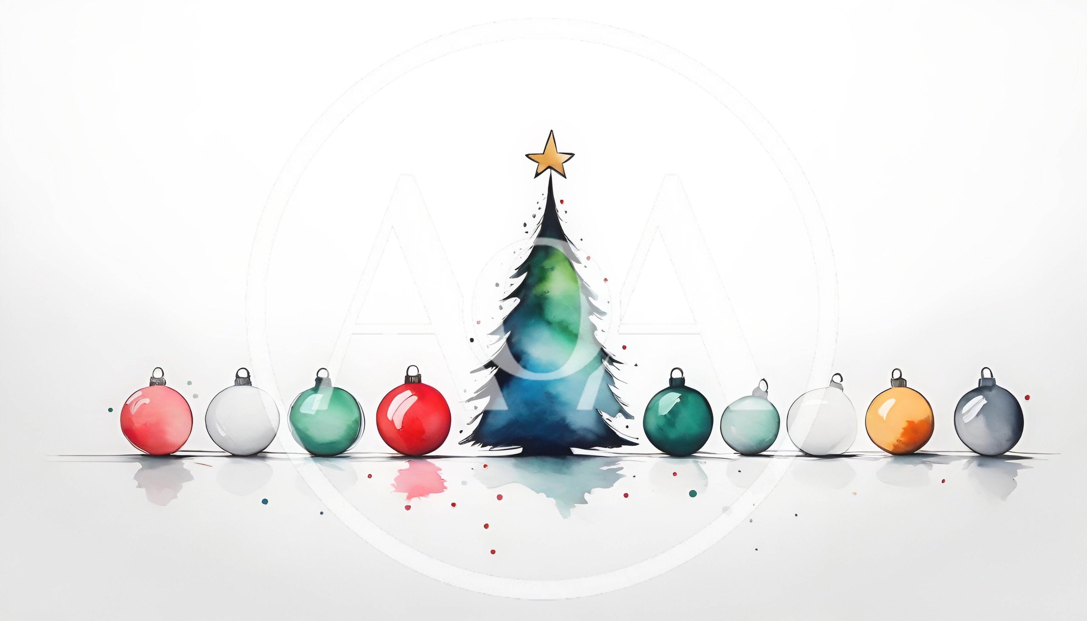 Watercolor Christmas Tree With Ornaments In A Row