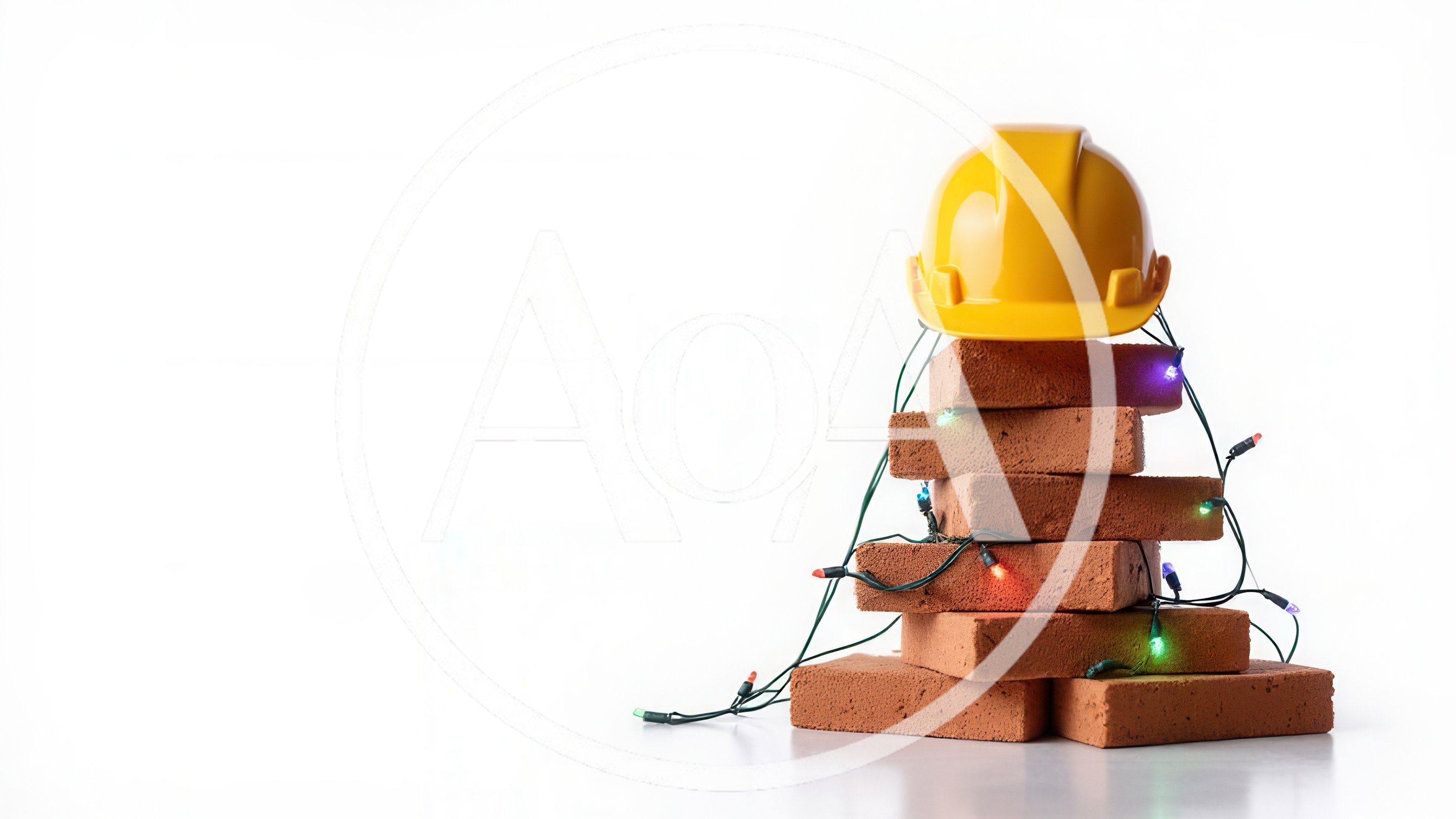 Yellow Hard Hat On Stacked Bricks With Christmas Lights