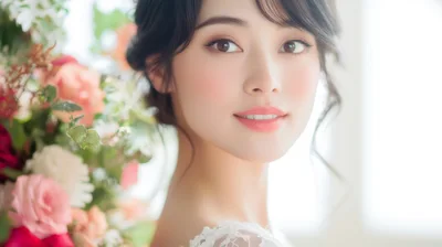 Portrait Of A Beautiful Young Bride With Floral Background