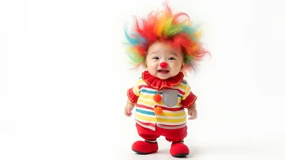 Cute Baby Dressed In A Colorful Clown Costume