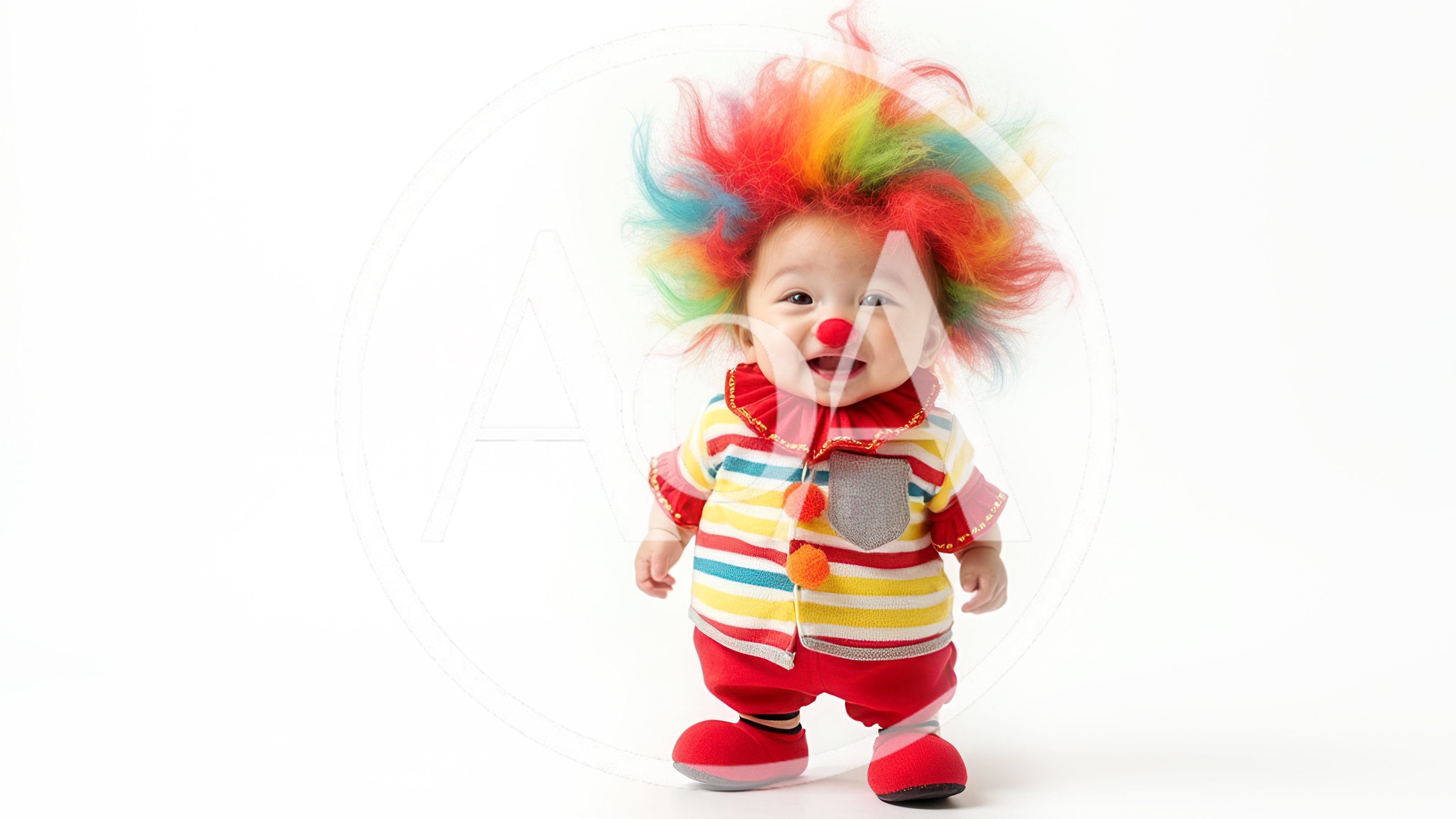 Cute Baby Dressed In A Colorful Clown Costume