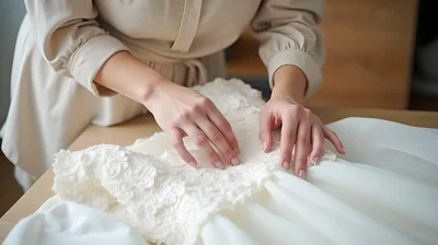 Woman Adjusting Lace Detail On A Wedding Dress