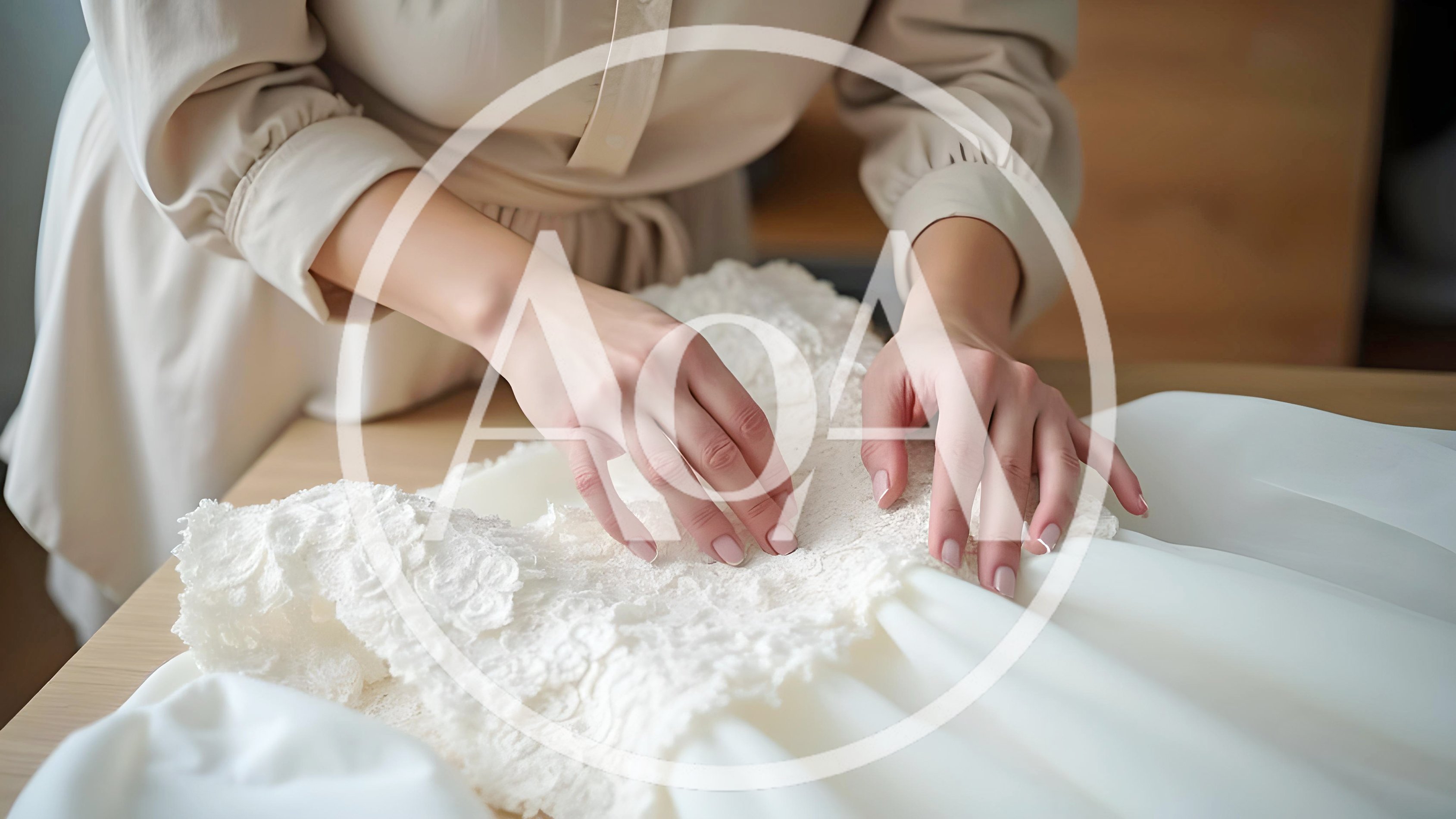 Woman Adjusting Lace Detail On A Wedding Dress