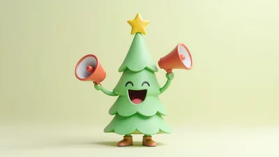 3D Cartoon Christmas Tree Character Holding Megaphones