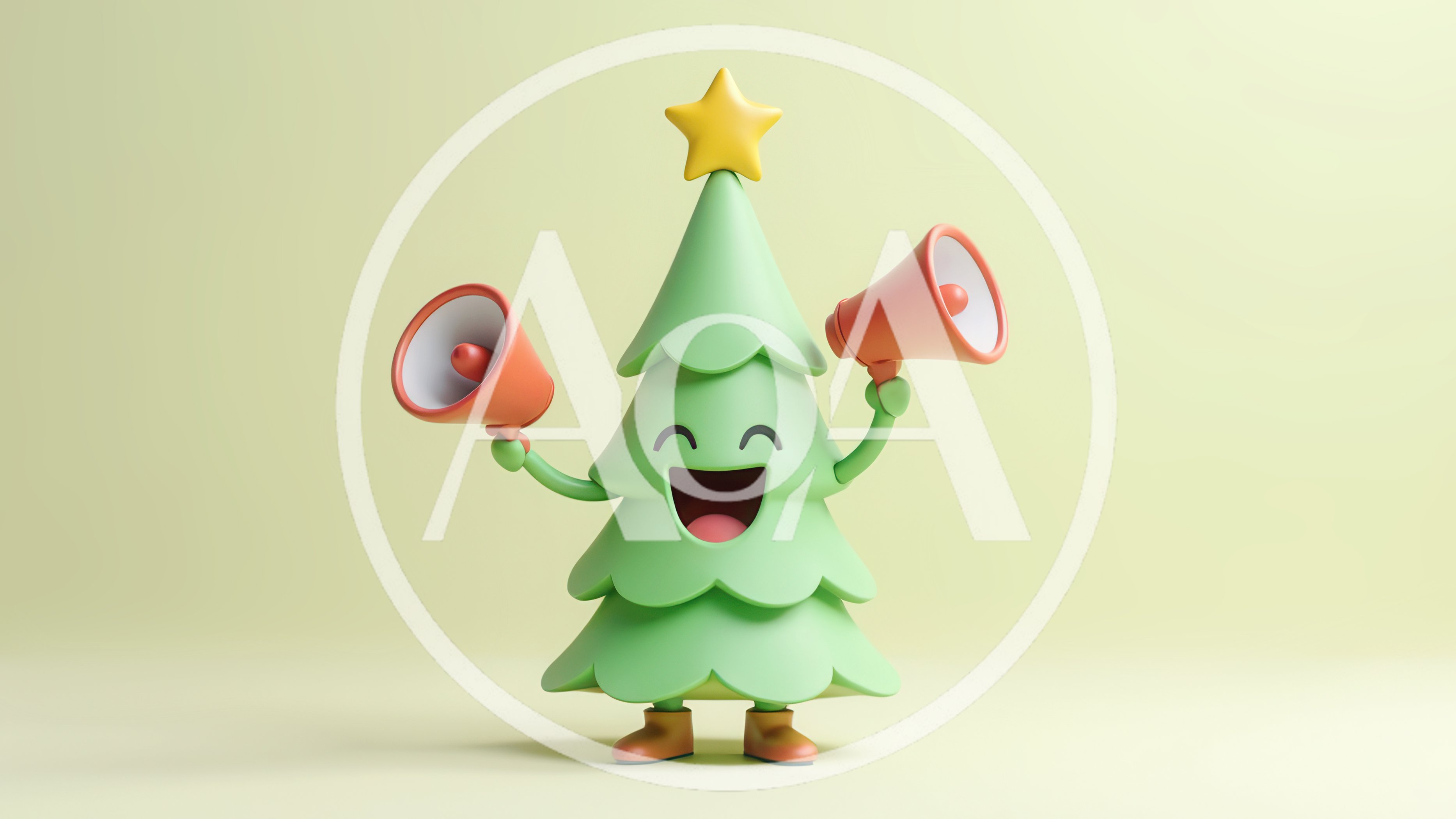 3D Cartoon Christmas Tree Character Holding Megaphones